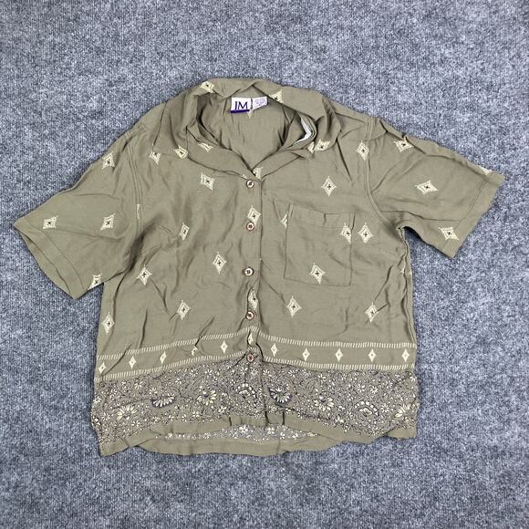 JM Collection Tops - JM Collection Top Womens Size M Green Rayon Embroidered Hem Button Shirt
